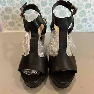 Vince Camuto Womens Size 9M Wedge Heels Sandals Black T Strap Ankle Buckle • $24.99