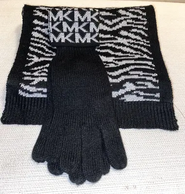 Michael Kors 2-pc Set SCARF W/MK  LOGO GLOVES Black & Silver Metallic • $29.99