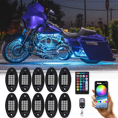 10 Pods Motorcycle RGB LED Rock Light Neon Underglow Kit For Harley Honda Yamaha • $59.19