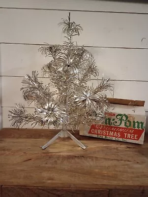 Vtg Sparkler Pom Pom Aluminum Christmas Tree 2 Ft / 19 Branch Mcm Shiny Silver • $279