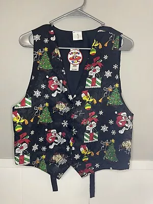 Vintage 1994 Looney Tunes Vest Adult All Over Print 3 Button Christmas • $7.50