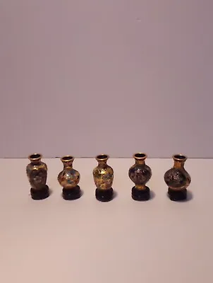 5 Cloisonne Gold Enamel Miniature Vases 2  X 1  With Wood Stand • $150