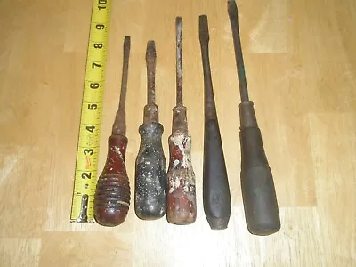 Vintage Lot Of 5 Wood Wooden Handle Flathead Screwdrivers. • $12