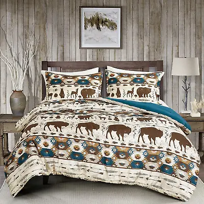 Rustic Country Cabin Southwestern Moose Bear Printed Comforter Queen Size Wester • $118.13