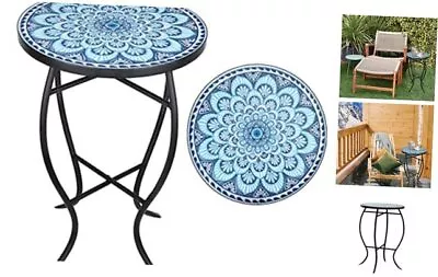  Outdoor Mosaic Side Table14'' Round Small Patio Bistro Accent Table Dark Blue • $82.14