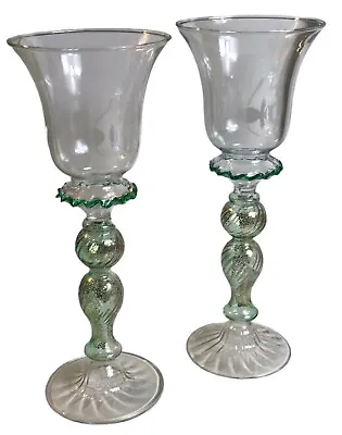 Vintage Murano Art Glass Wine Goblets Hand Blown Glass Green Gold Venetian Pair • $249