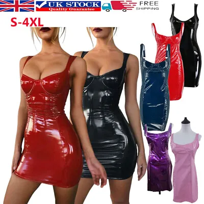 Women's PVC Faux Leather Mini Sleeveless Dress Party Club Sexy WET LOOK Dress`  • £13.86