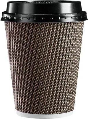 Insulated Brown Patterned Ripple Paper Hot Coffee Cups With Lids 10oz 12oz16oz • £9.99