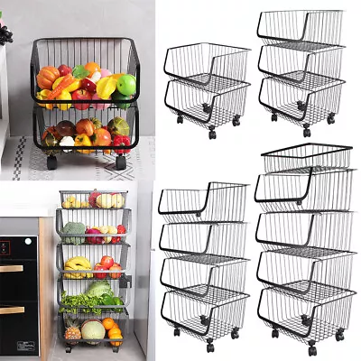 Vagetable Storage 2/3/4/5 Tier Kitchen Rack Fruit Shelf Basket Holder W/ Wheels • £29.95