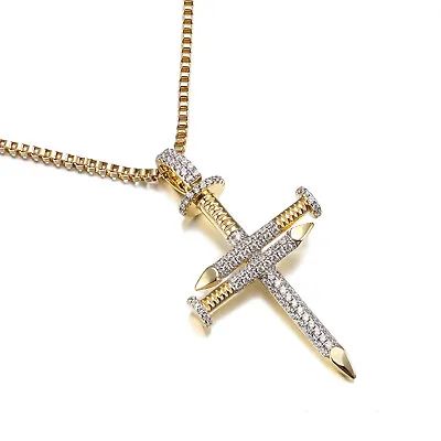 925 Sterling Silver Gold Plated Nail Cross With Cubic Zirconia Pendant • $39.99