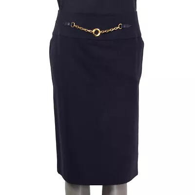 64276 Auth CELINE Dark Blue Wool CHAIN DETAIL Skirt 40 M VINTAGE • $290