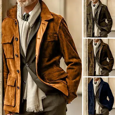 Mens Suede Casual Fashion Jacket Retro Stand Collar Trench Windbreaker Coat Size • $36.10