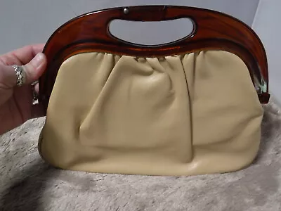 GA12 VTG Mid-Century Retro Tortoise Lucite Tan Leather Tote Hand Clutch Slim Bag • $39.99