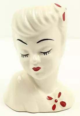 Vintage Ceramic Lady Head Vase Glamour Girl Red Flowers Monochrome • $39