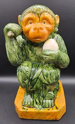 Vintage 12  Ceramic Green Majolica Monkey W/Fruit Statue • $59.99