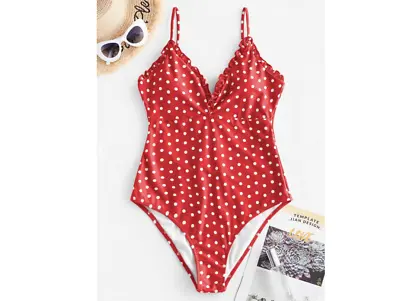 NWT ZAFUL Women's Frilled Trim Red & White Polka Dot One-Piece Swimsuit Sz S • $25.99