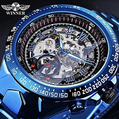 Winner Self Winding Automatic Men’s Blue Stainless Waterproof Skeleton Watch • $37