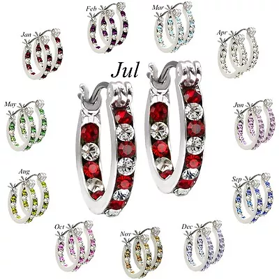 Forever Silver Plated 16mm Birthstone Hoop Earrings Austrian Crystal 12 Months! • $15.99