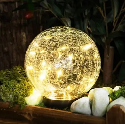 Firefly Solar Led Crackle Glass Ball Stake Led Warm White Light Garden Decor • £12.99