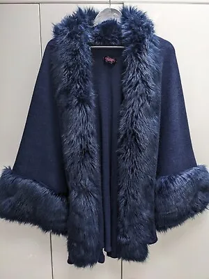 £49.99 • Buy Malissa J Collection - Ladies Midnight Blue Faux Fur Trim Cape / Poncho