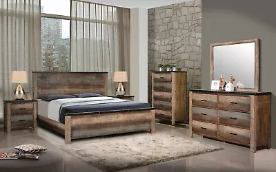 Modern Farmhouse Furniture - 5 Piece Multi-Tone Brown Queen King Bedroom Set A95 • $2085.86