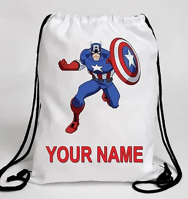 Personalised Marvel Captain America Boys Girls Drawstring PE Bag School Backpack • £8.79