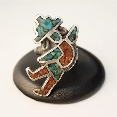 Size 5 Zuni Vintage Chip Inlay Rainbow Man Kachina Dancer Sterling Silver Ring • $20