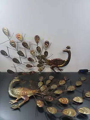 Vintage MCM Metal Peacock Birds Wall Art Hong Kong Set Of 2 Golden Brown • $39.99