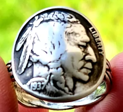 Authentic Buffalo Indian Nickel Coin Men Signet Ring Sterling Silver 11  Size • $63.20