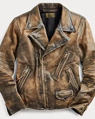 Distressed Brown Biker Classic Men's Jacket  Stylish Bomber Zip Leather Jac • $136.98