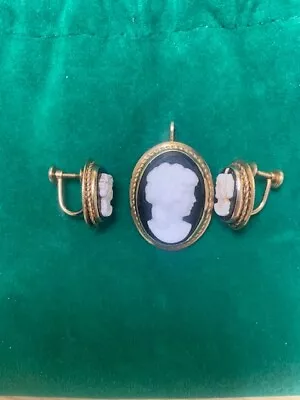 Mid Century Van Dell 12K Gold Filled Cameo Earrings Pendant Set • $40