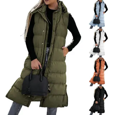 Lady Padded Vest Top Body Warmer Coat Women Long Line Hooded Gilet Jacket UK • £22.55