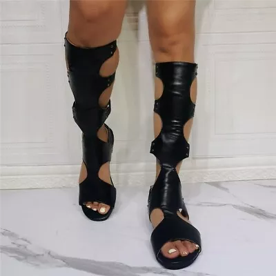 Women's Knee High Boots Open Toe Flats Gladiator Hollow Out Summer Roman Sandals • $80.92