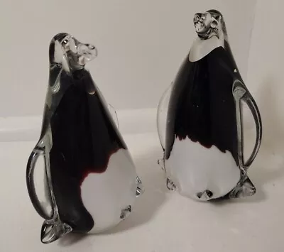 Pair Of Glass Art Murano Penguins Handcrafted Figurine Paperweight Black & White • $29.99