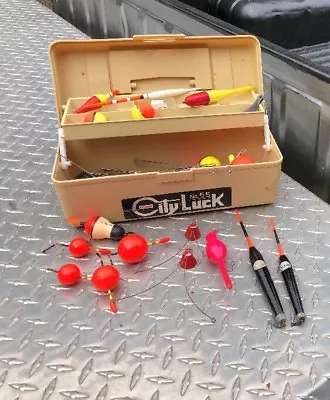 VINTAGE FISHING TACKLE BOX Full Wood Floats Wood Bobbers Asian SQUID Gear Wooden • $49.99