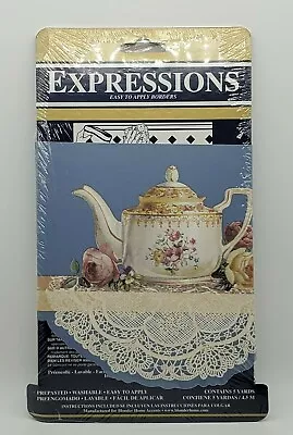 Expressions Wallpaper Border NOS 5 Yds Teapot Lace Doilies Flowers Roses Violet • $12.99