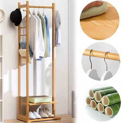 Premium Bamboo Coat Stand Corner Clothes Rack Garment Shelf Hanging Rail Hooks • $31.96