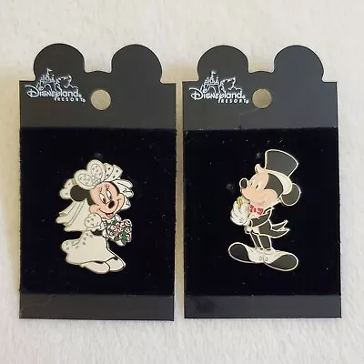 New NOC DLR Disney Mickey Groom With Ring Minnie Bride With Bouquet Wedding Pins • $34.99