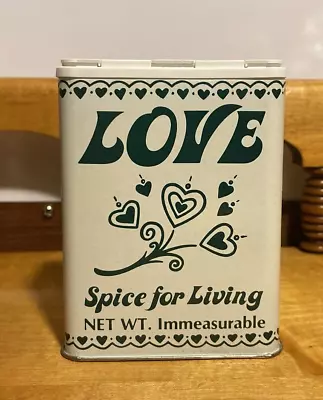 Vtg 1982 Green Lettering LOVE Is The Spice For Living Tin Immeasurable HTF • $34