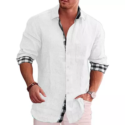 Men Linen Cotton T Shirt Men Plaid Casual Long Sleeve Button Down Tee Tops Shirt • $20.49