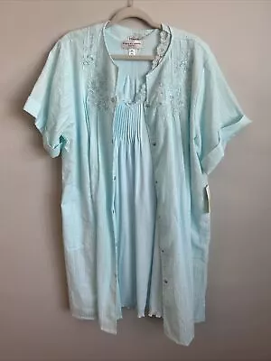 Miss Elaine Woman Short-sleeve Embroidered Turquoise Nightgown+Robe 2X • $45.99