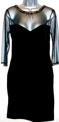 M&CO Black Stretch Velvet Classic Evening Dress Net Bodice Beaded Yoke UK 12 NWT • $6.25