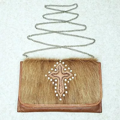 Montana Silversmiths Leather Calf Hair Crossbody Clutch Bag Studded Cross Chain • $35.19