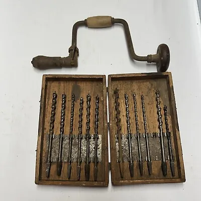 Vintage Sweep Bit Brace Hand Drill & Auger Bit Set And Box 12 Bits! • $46