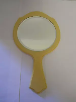 Vintage Yellow Celluloid Beveled Mirror Vanity Dresser Bakelite Hand Mirror • $21.95