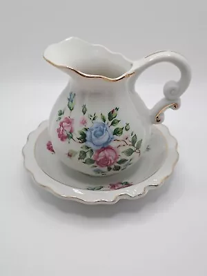 Vintage Royal Crown Porcelain Blue Floral Miniature Pitcher & Bowl 3904 • $19