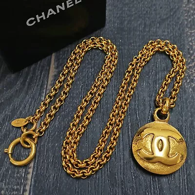 CHANEL Gold Plated CC Logos Round Charm Vintage Necklace Pendant #9177a Rise-on • £172.17