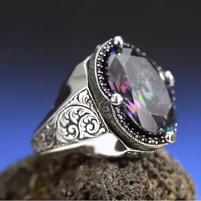 Handmade Mystic Topaz Ring Gemstone King Crown Design Sterling Silver Ring • $69.90