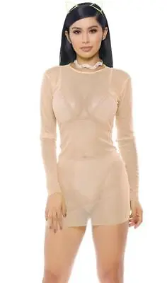Nude Sheer Mini Dress Mesh Long Sleeves Layering Costume Club Dance 118825 • $32.24