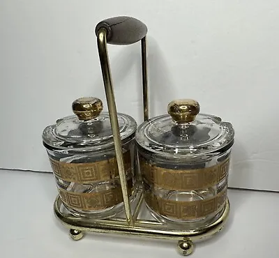 Vtg 60s MCM Jeanette's Glass Condiment Set W/Brass Caddy Backstamp On  Bottom • $19.99